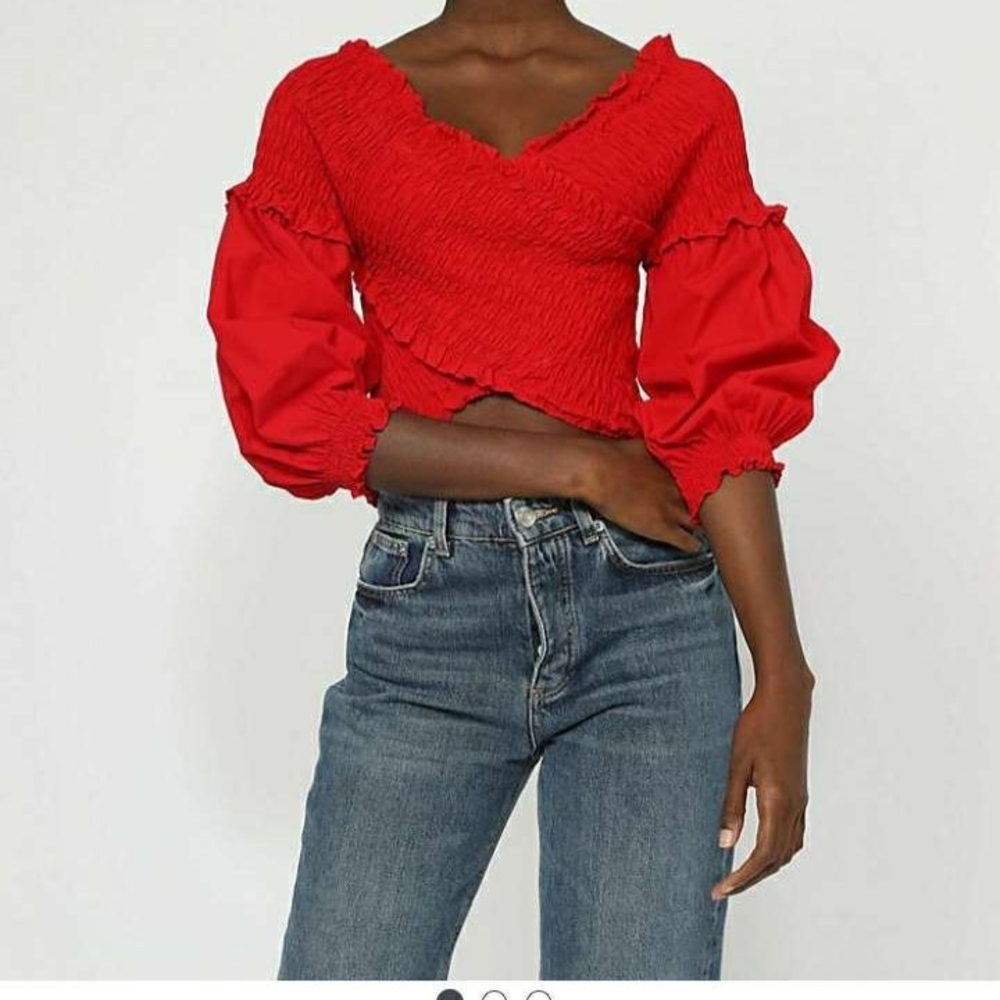 Zara Red Off The Shoulder Smocked Blouse